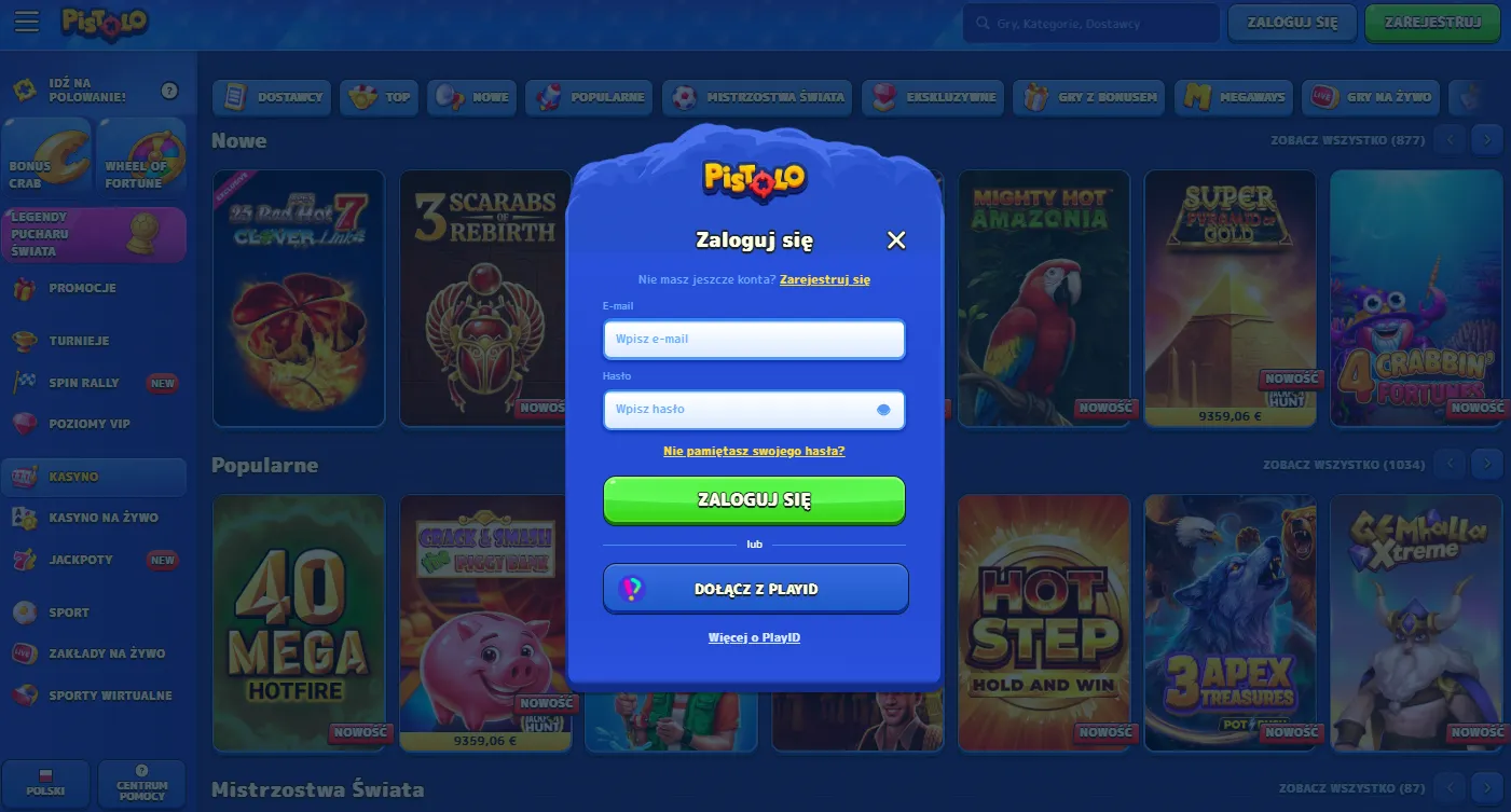 Pistolo Casino login – ekran logowania do konta gracza