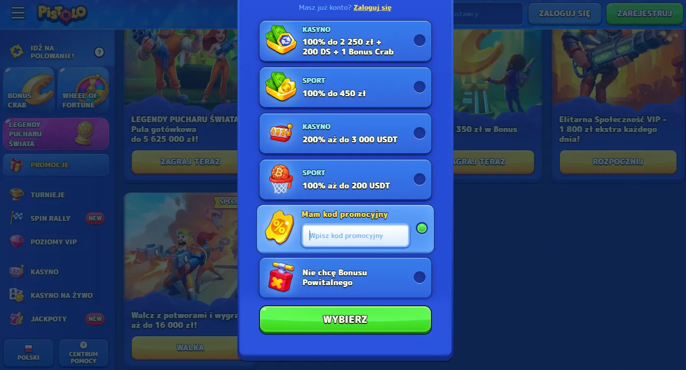 Pistolo Casino bonus – aktywacja kodu promocyjnego w kasynie