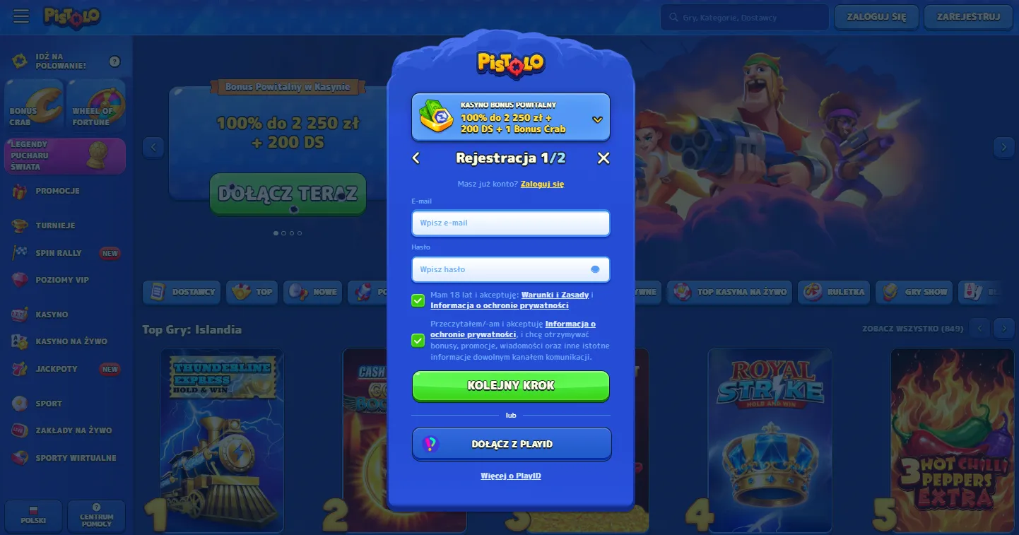 Pistolo Casino login – formularz rejestracji nowego konta